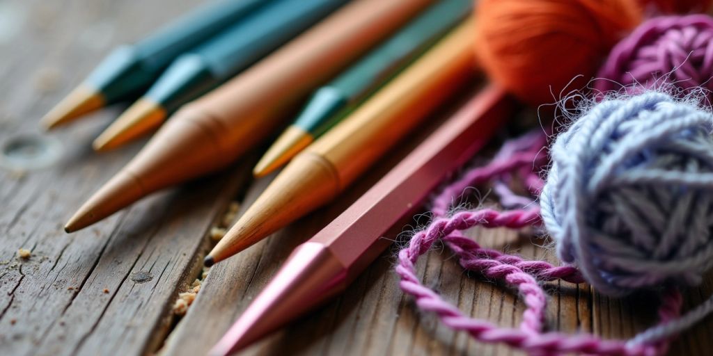 Knitting needles and colorful yarns on a table.