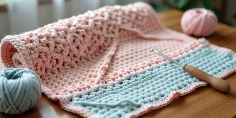Partially crocheted baby blanket with yarn and hook