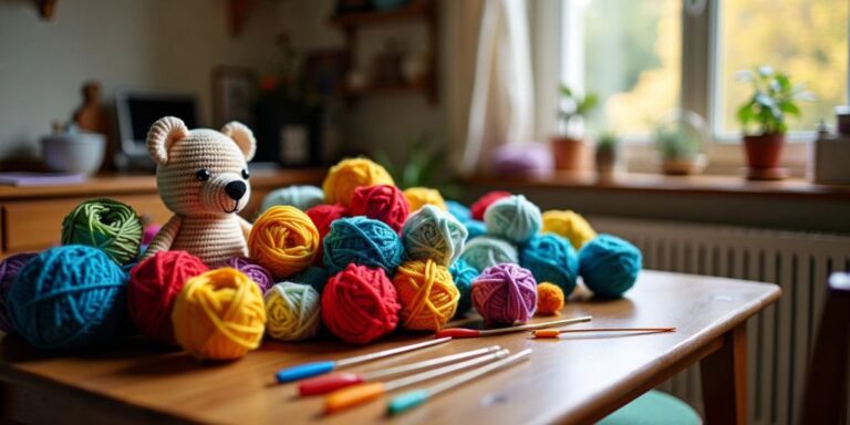 Colorful yarn and a crocheted bear.