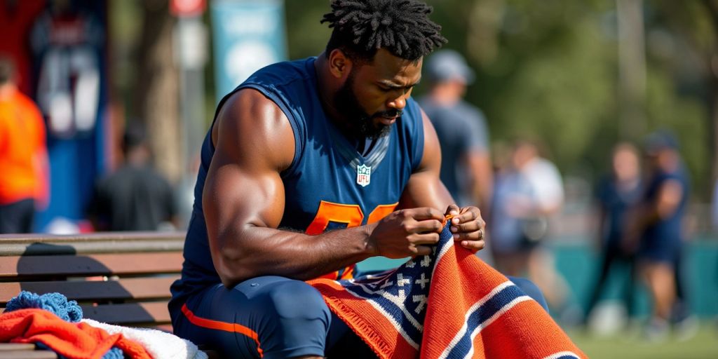 NFL player crocheting a colorful blanket