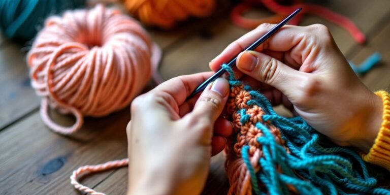 Hands crocheting colorful yarn with curly fringe