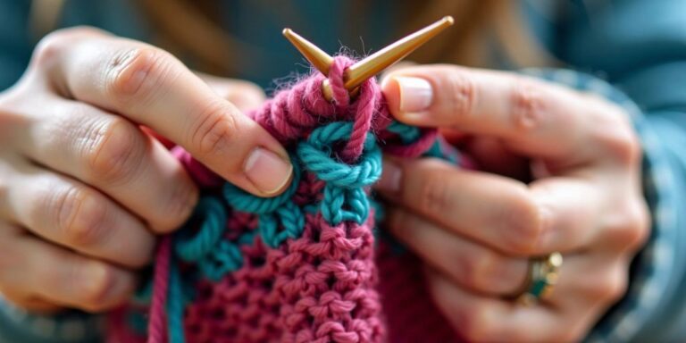 Hands knitting waistcoat stitch with colorful yarn.