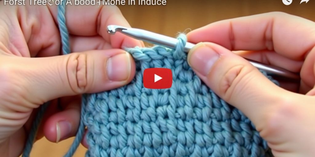 Hands crocheting with blue yarn