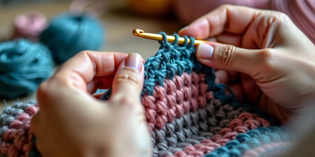 Hands crocheting with two colored yarns