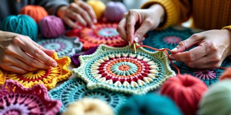 Hands crocheting various colorful projects