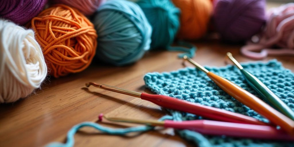 Colorful crochet hooks and yarn balls on a table.