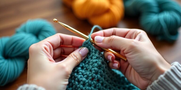 Person holding crochet hook and yarn