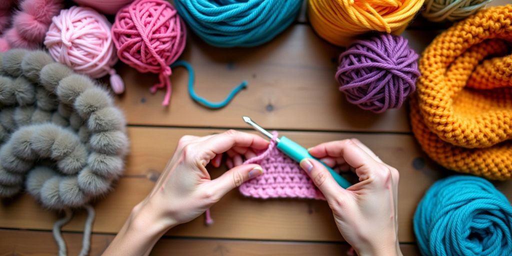 Person crocheting with colorful yarn and finished items.