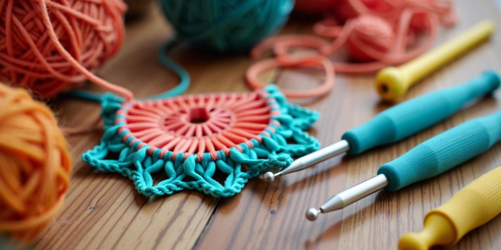 3D-printed crochet hooks and yarn on a table.