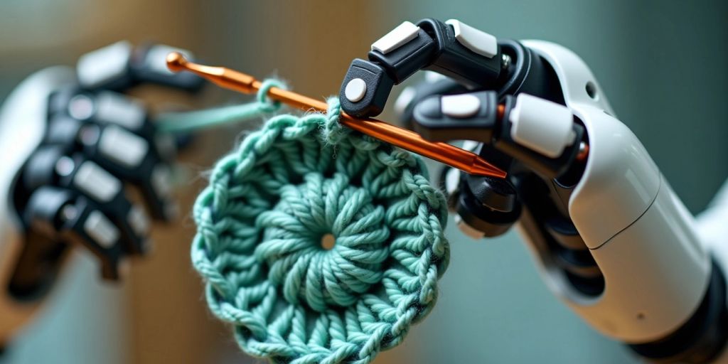 Robotic arm holding crochet hook