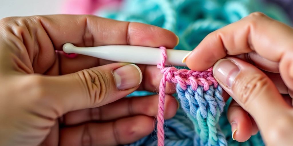 Hand holding ergonomic crochet hook with yarn project