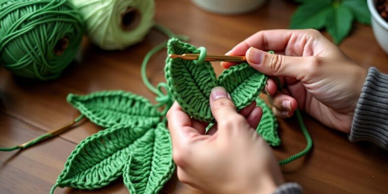 Hands crocheting a green leaf with yarn