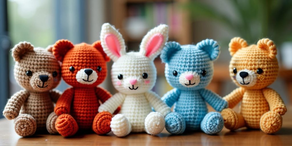 Colorful handmade amigurumi animals on a wooden table.