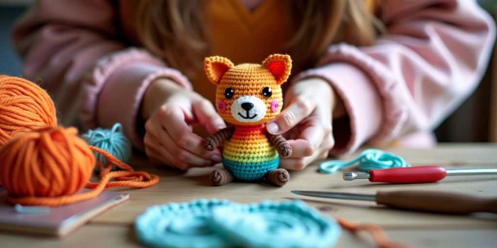Person crocheting a small animal figure