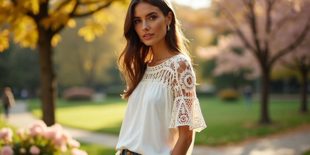 Woman in crochet sleeve top in sunlit park.