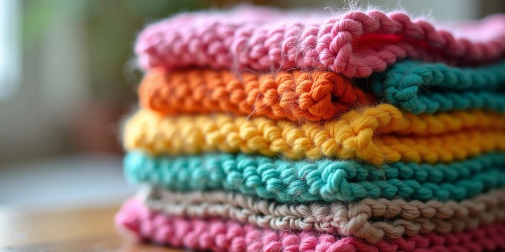 Colorful crochet washcloths stacked on a wooden surface.