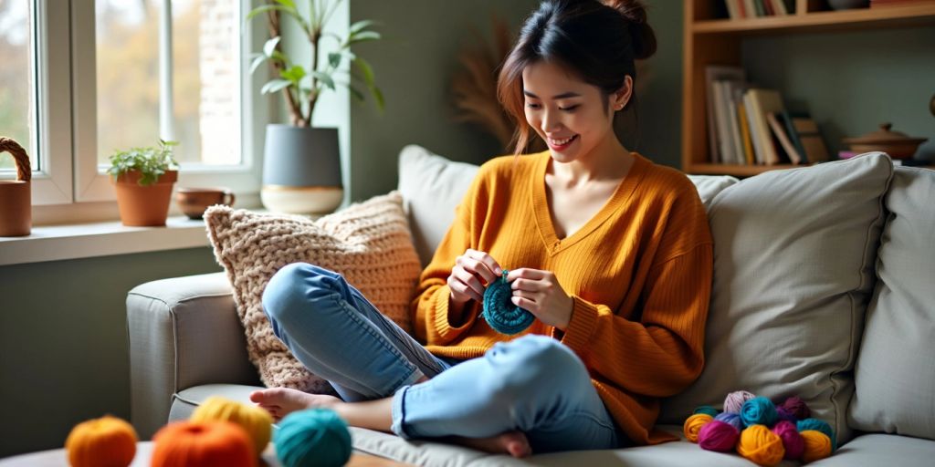 Person crocheting with colorful yarn on a couch.
