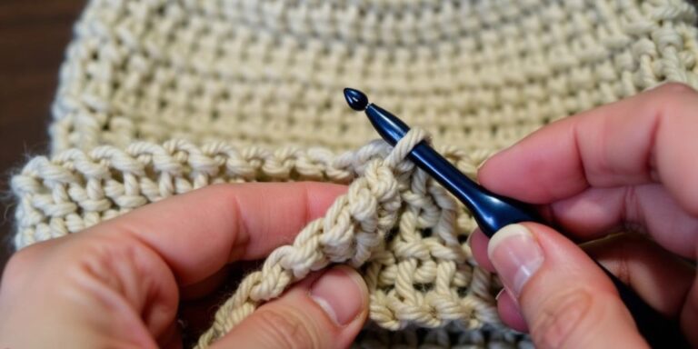 Hands joining a crochet hat band with yarn.