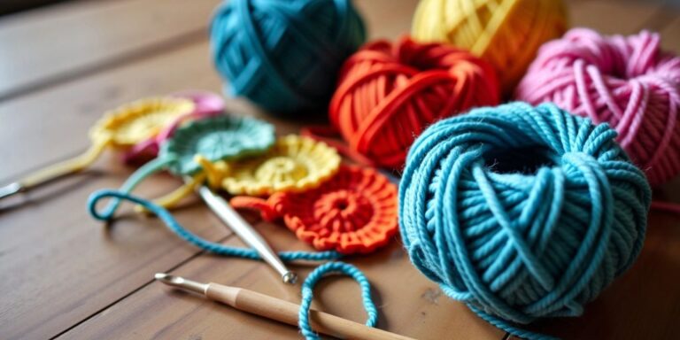 Colorful yarn and crochet hooks on table