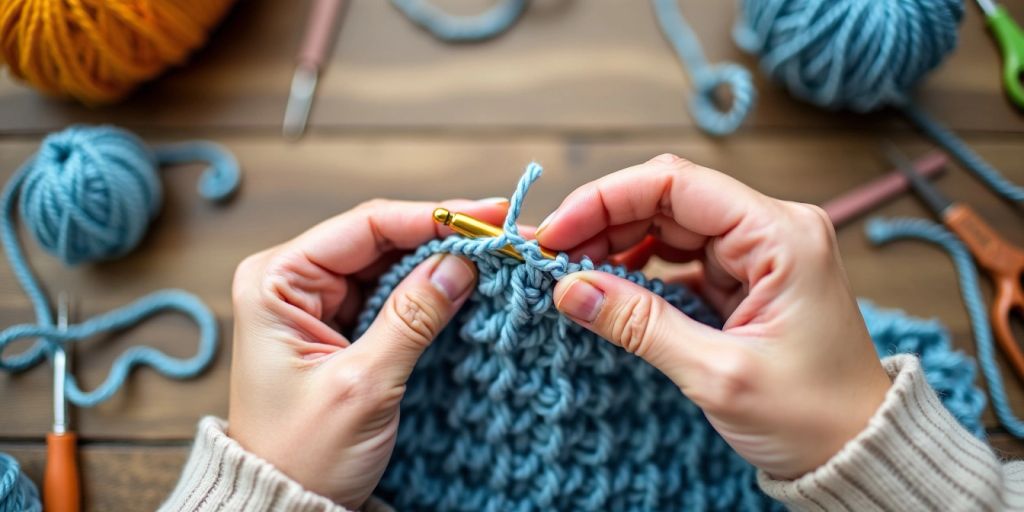 Hands crocheting V stitch with blue yarn