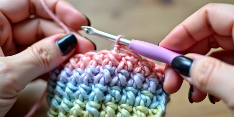 Hand crocheting primrose stitch with pastel yarn.