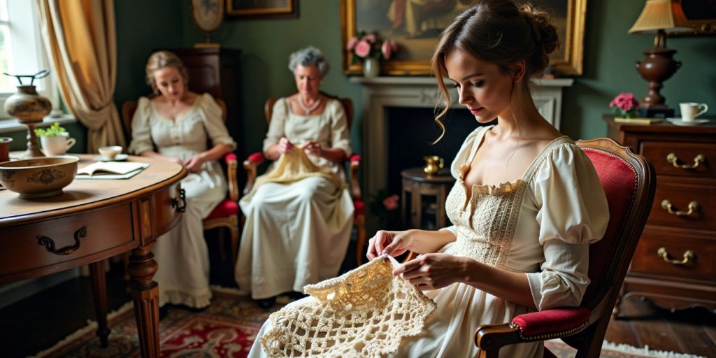 Women in vintage attire crocheting.