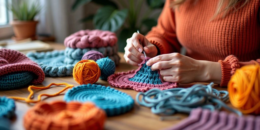 Person crocheting with colorful yarn and finished items