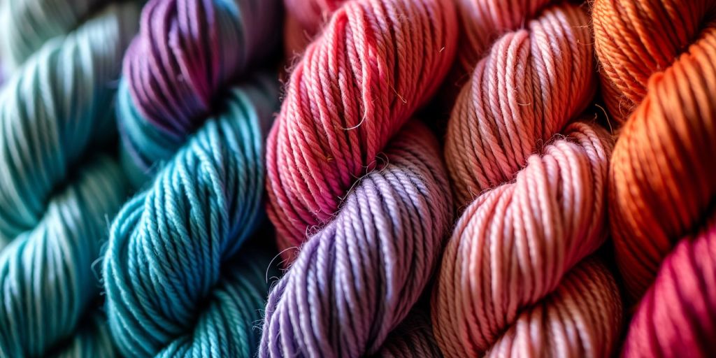 Luxurious colorful yarn skeins in a neat pile.