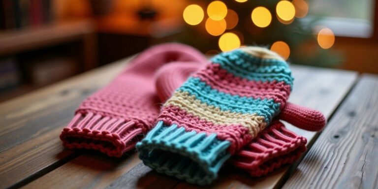 Colorful crochet mittens on a wooden table.