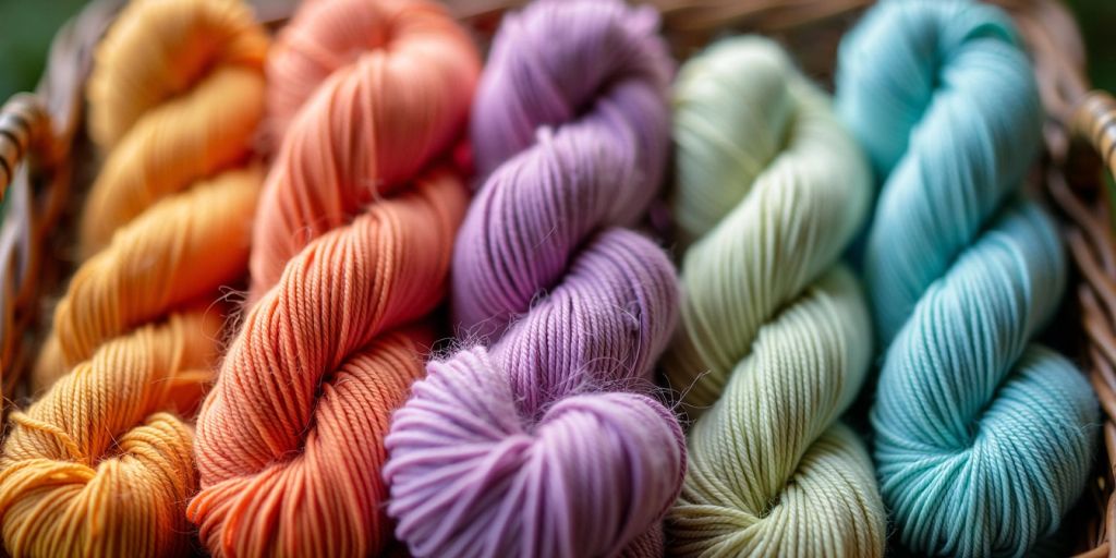 Colorful Big Twist yarn in a wicker basket.
