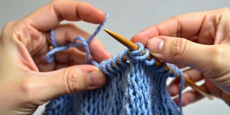 Hands knitting with blue yarn, yarn over technique.