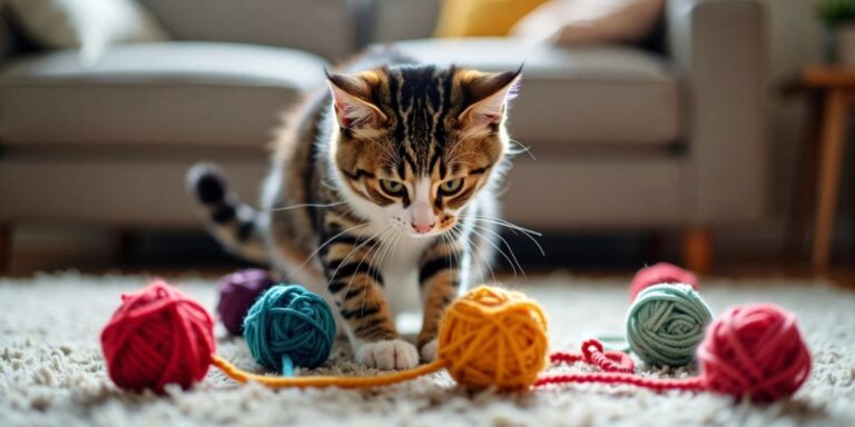 Cat playing with crochet yarn balls