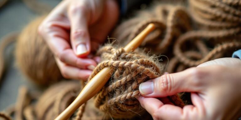 Hands crocheting with jute yarn and wooden hook