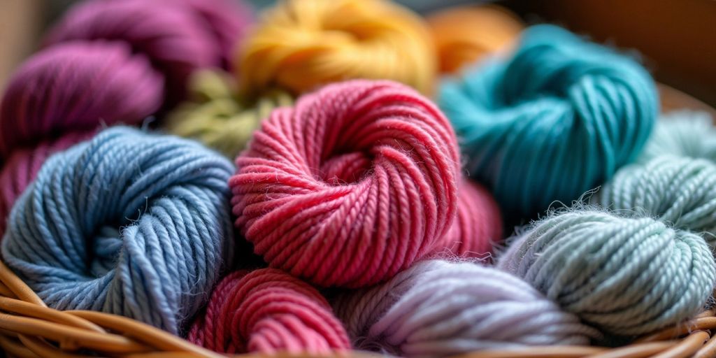 Colorful yarn skeins in a basket