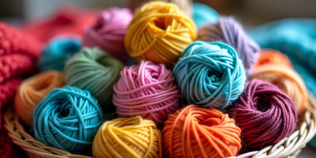 Colorful acrylic yarn balls in a basket.