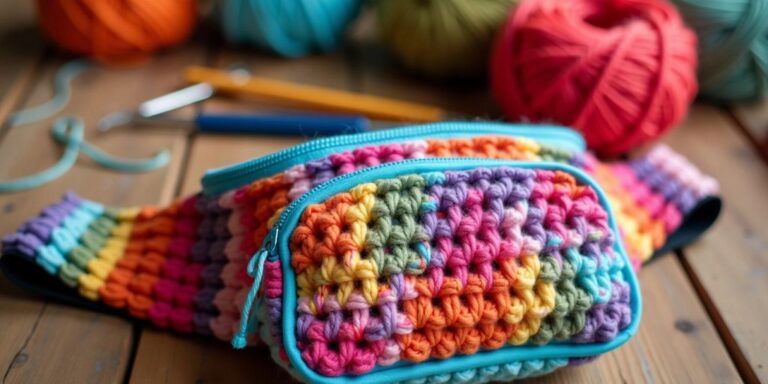Colorful crocheted fanny pack with yarn and hook