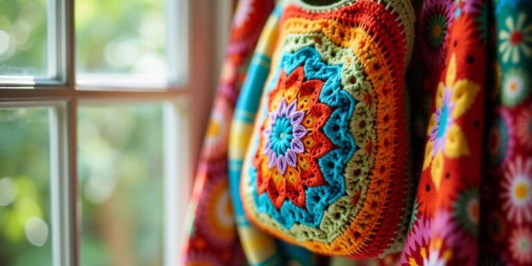 Colorful crochet bag hanging on a wooden hook.