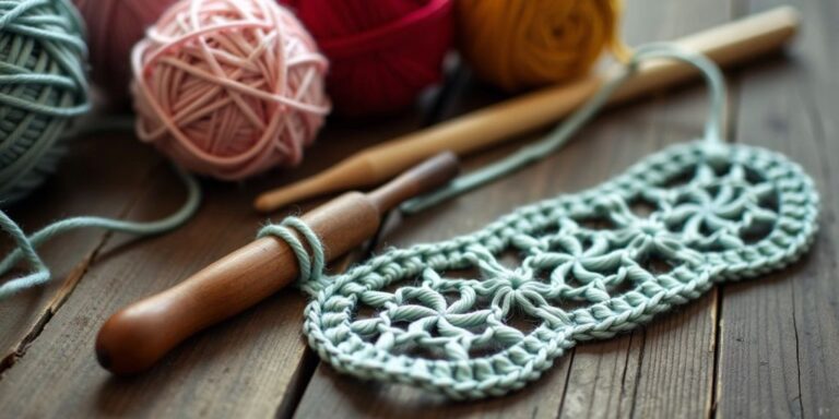 Vintage crochet tools and colorful yarn balls