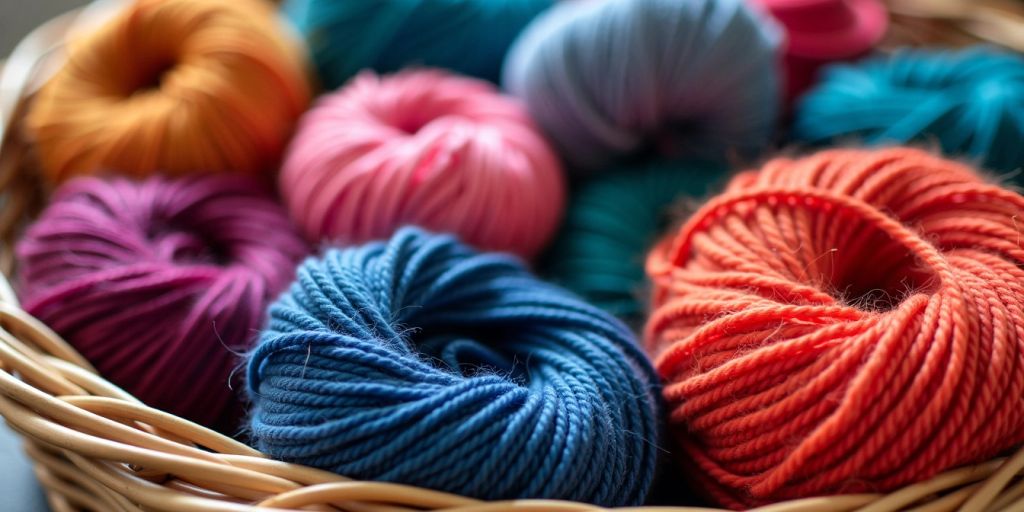 Colorful yarn balls and skeins in a basket.