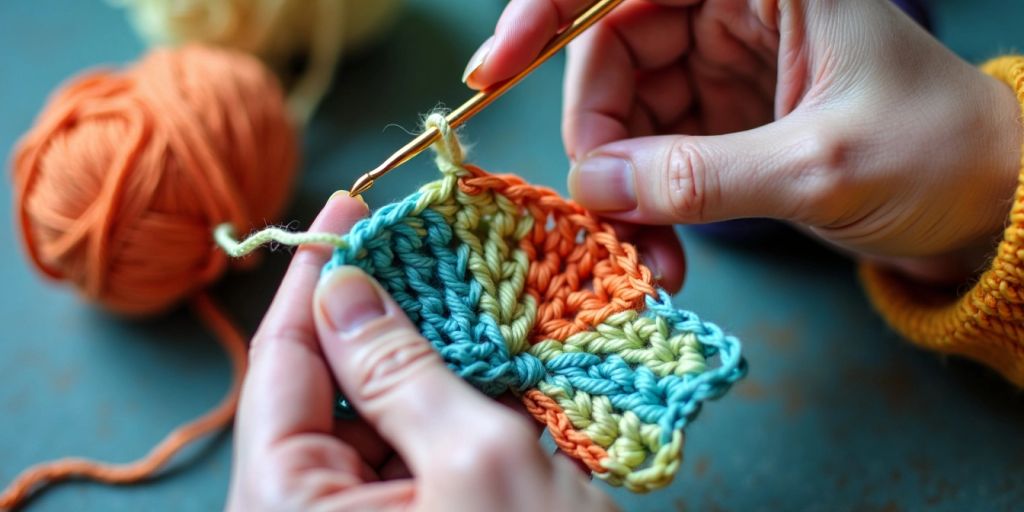 Hands crocheting a colorful fish tail pattern.