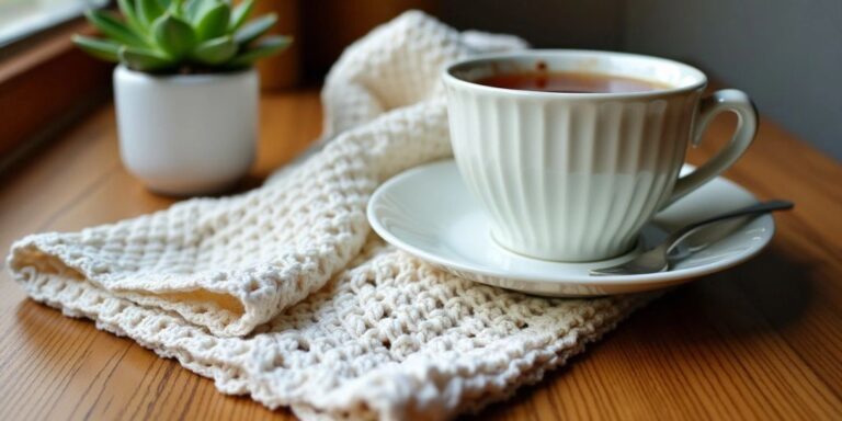 Folded crochet towel with a plant and tea