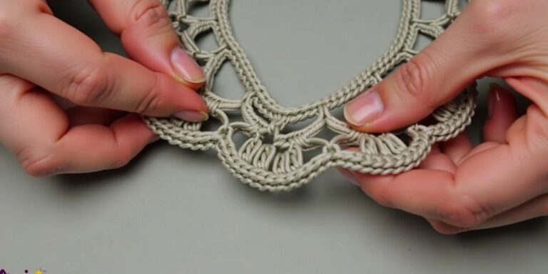 Hands tying off crochet necklace end