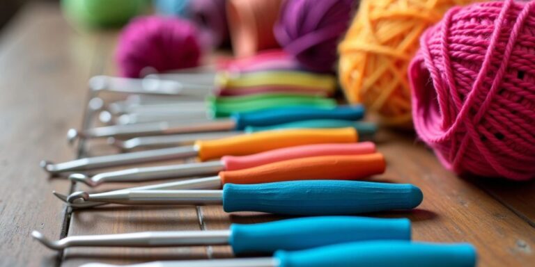 Colorful crochet hooks and yarns on a wooden table.