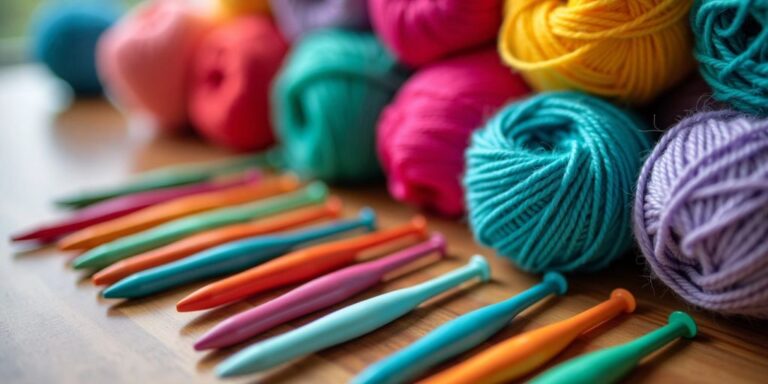 Colorful crochet hooks and yarn balls