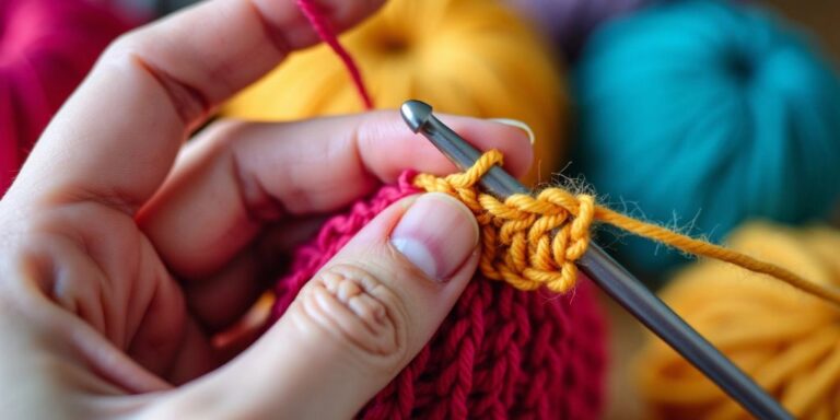 Hand holding crochet hook with yarn