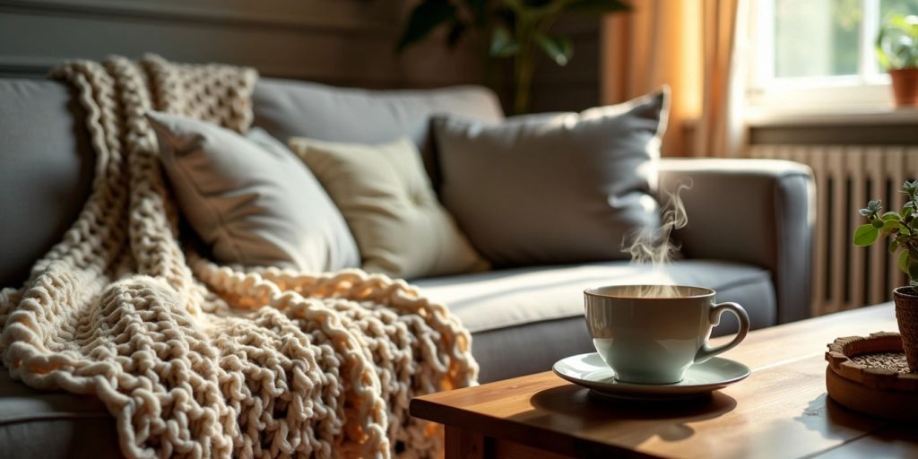 Crochet blanket on a sofa in a cozy room