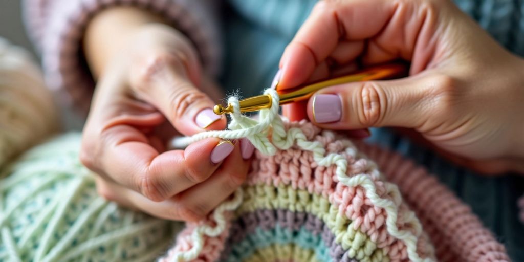 Hands crocheting with pastel yarn
