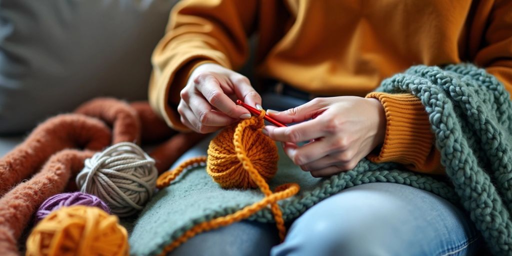 Person crocheting with colorful yarn on a couch.