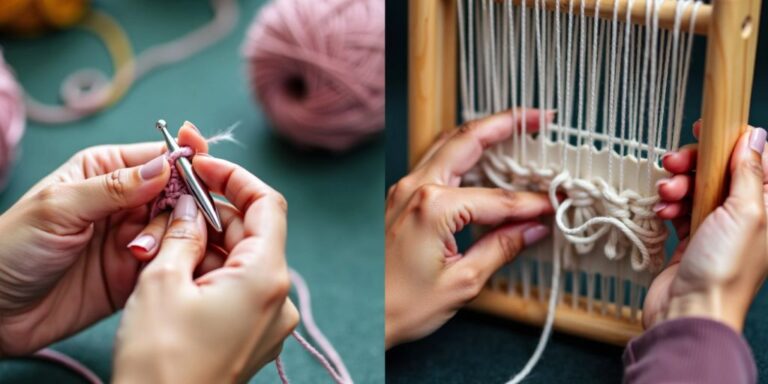 Hands crocheting and looming with yarn