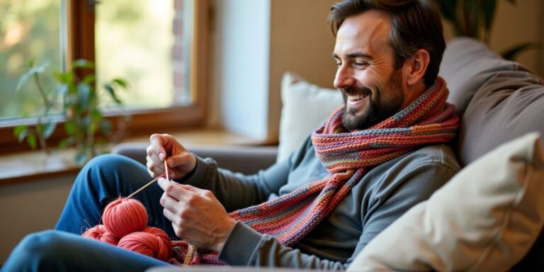 Man crocheting a colorful scarf on a couch.